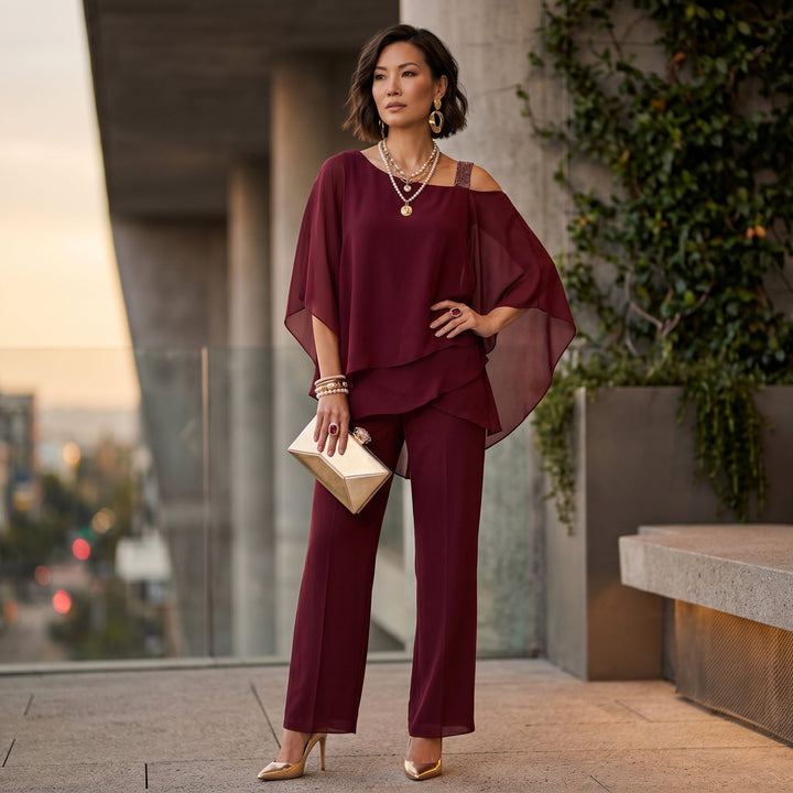 Elegant Women's Chiffon Set with Asymmetrical Neckline