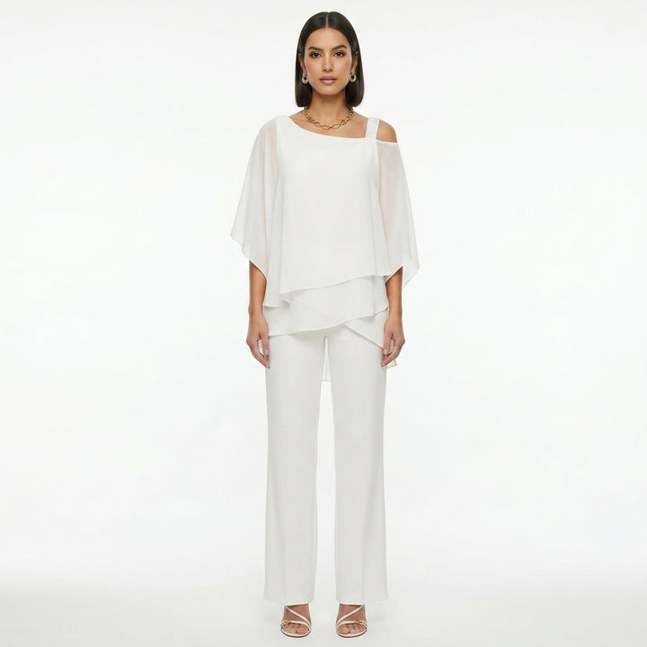 Elegant Women's Chiffon Set with Asymmetrical Neckline