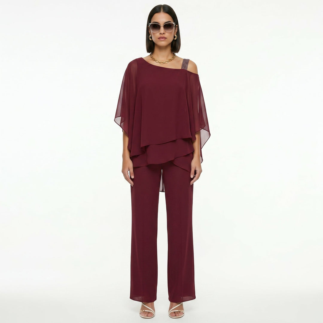 Elegant Women's Chiffon Set with Asymmetrical Neckline