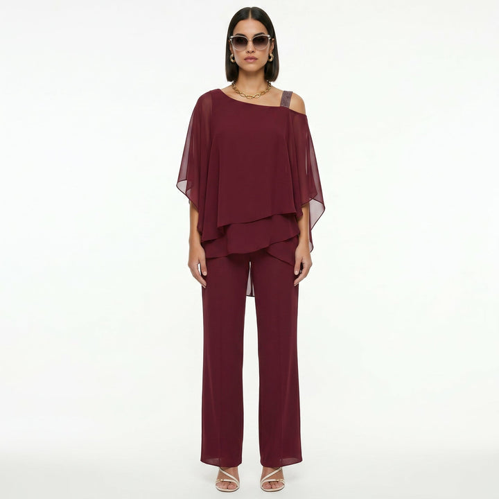 Elegant Women's Chiffon Set with Asymmetrical Neckline