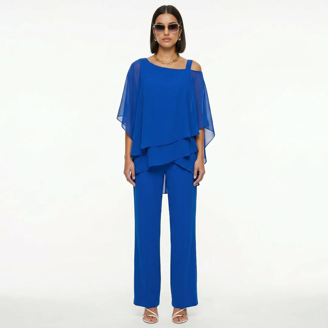 Elegant Women's Chiffon Set with Asymmetrical Neckline