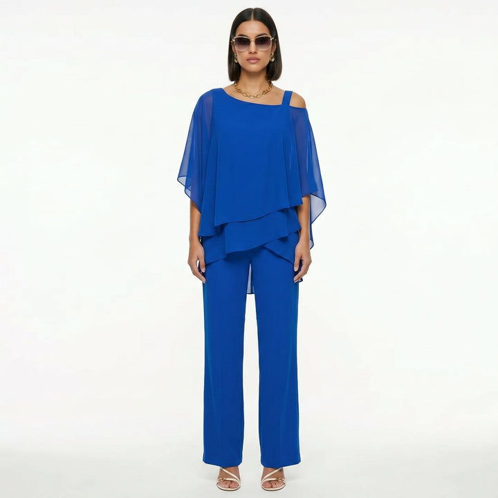 Elegant Women's Chiffon Set with Asymmetrical Neckline