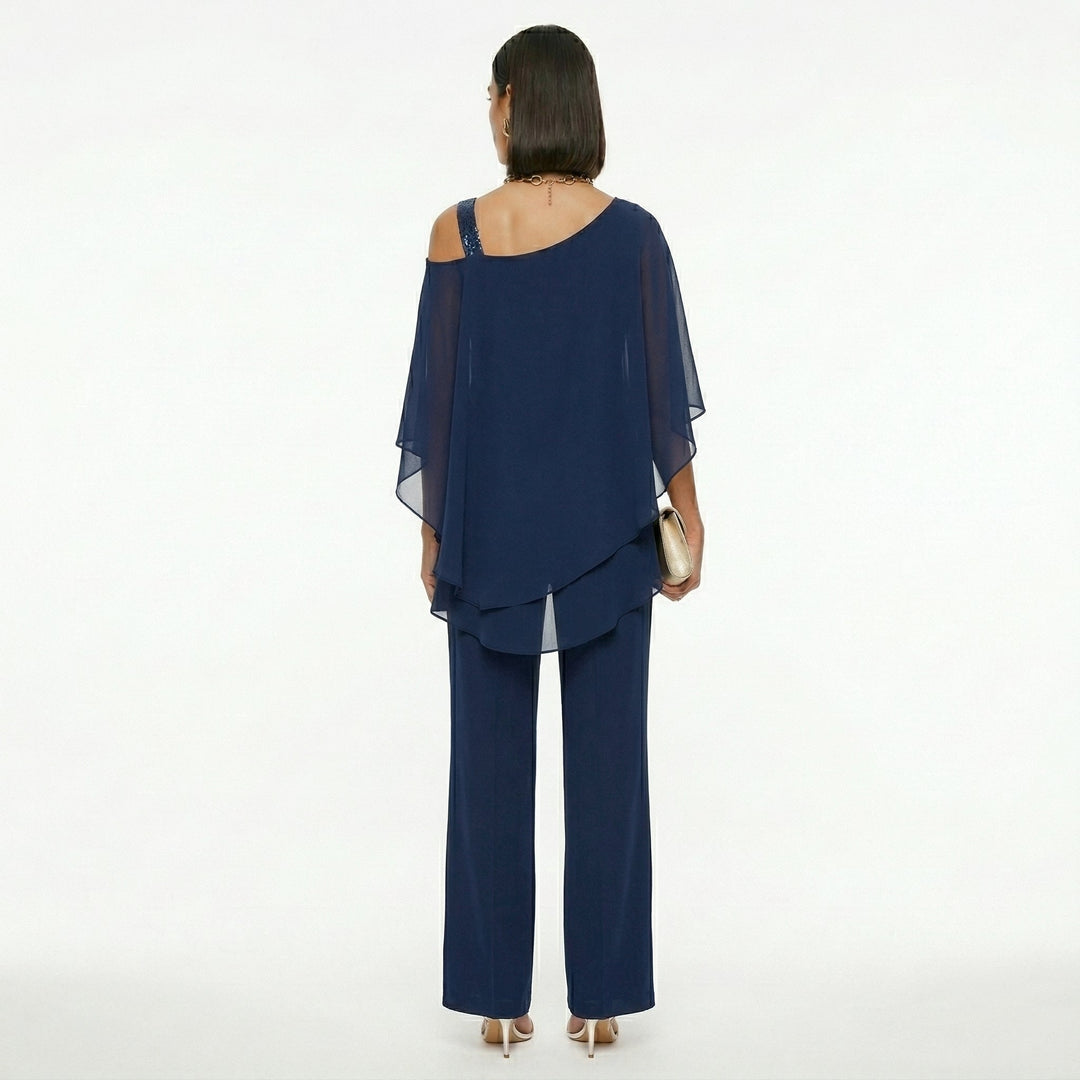 Elegant Women's Chiffon Set with Asymmetrical Neckline