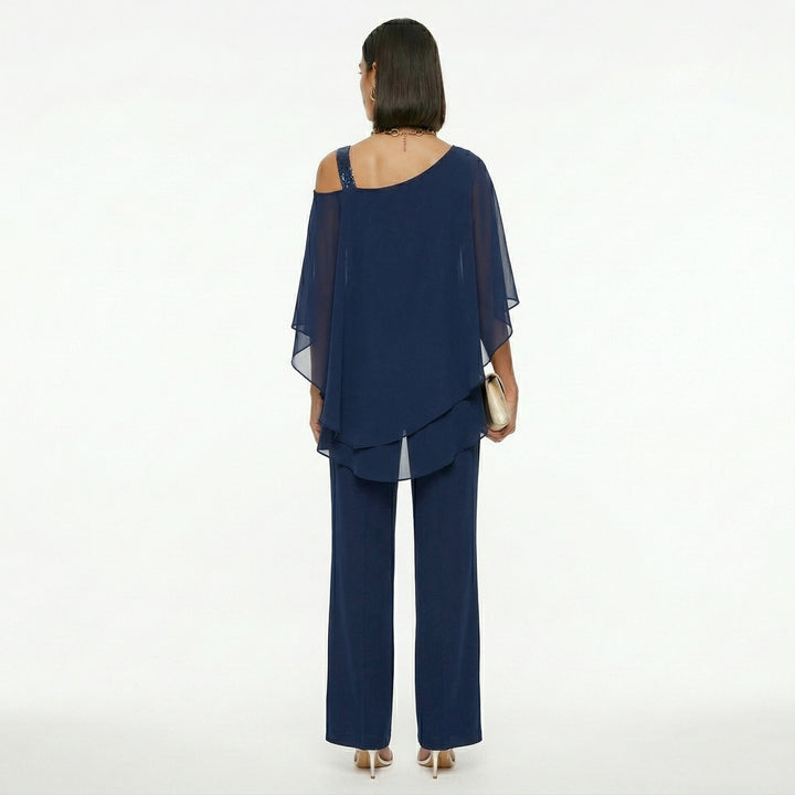 Elegant Women's Chiffon Set with Asymmetrical Neckline