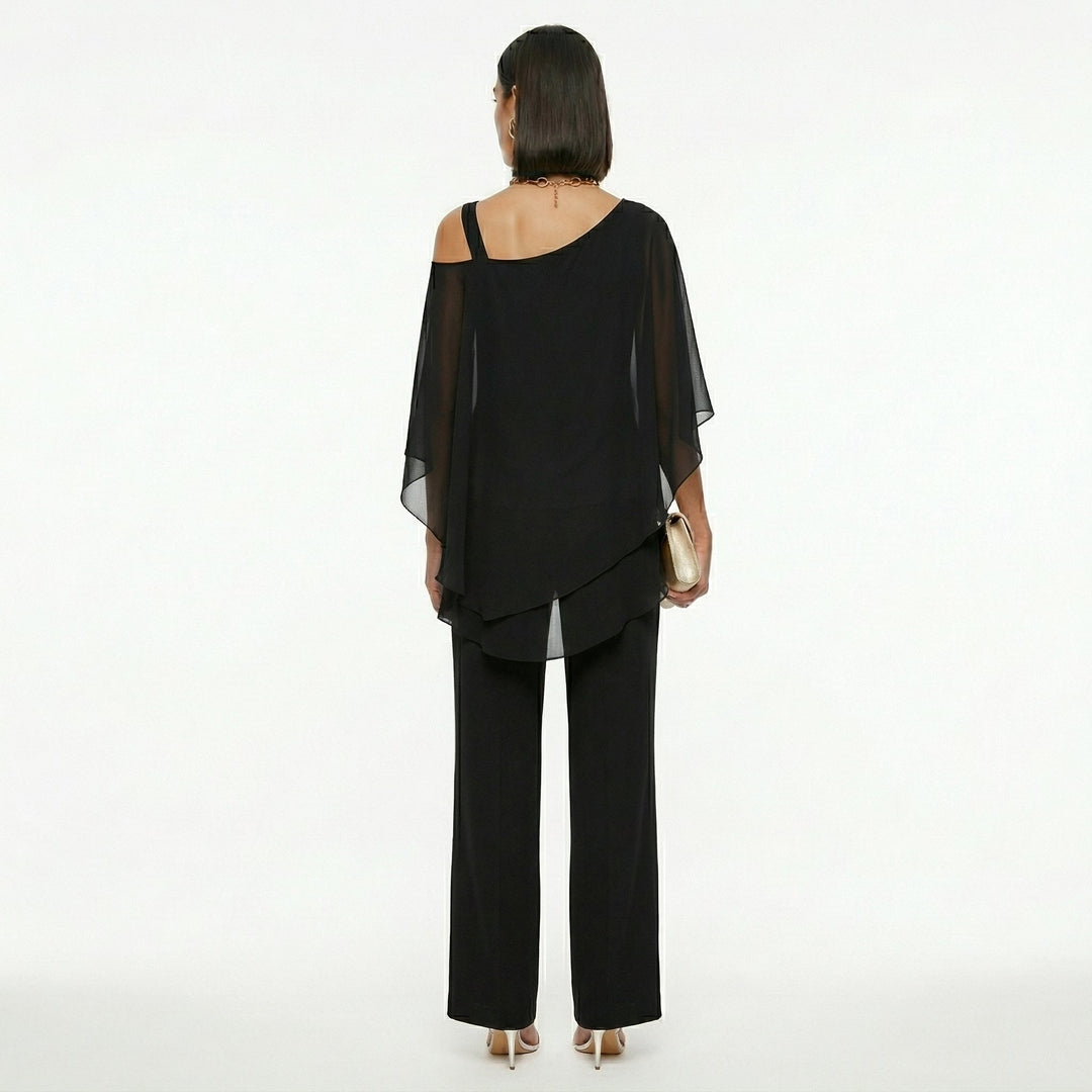 Elegant Women's Chiffon Set with Asymmetrical Neckline