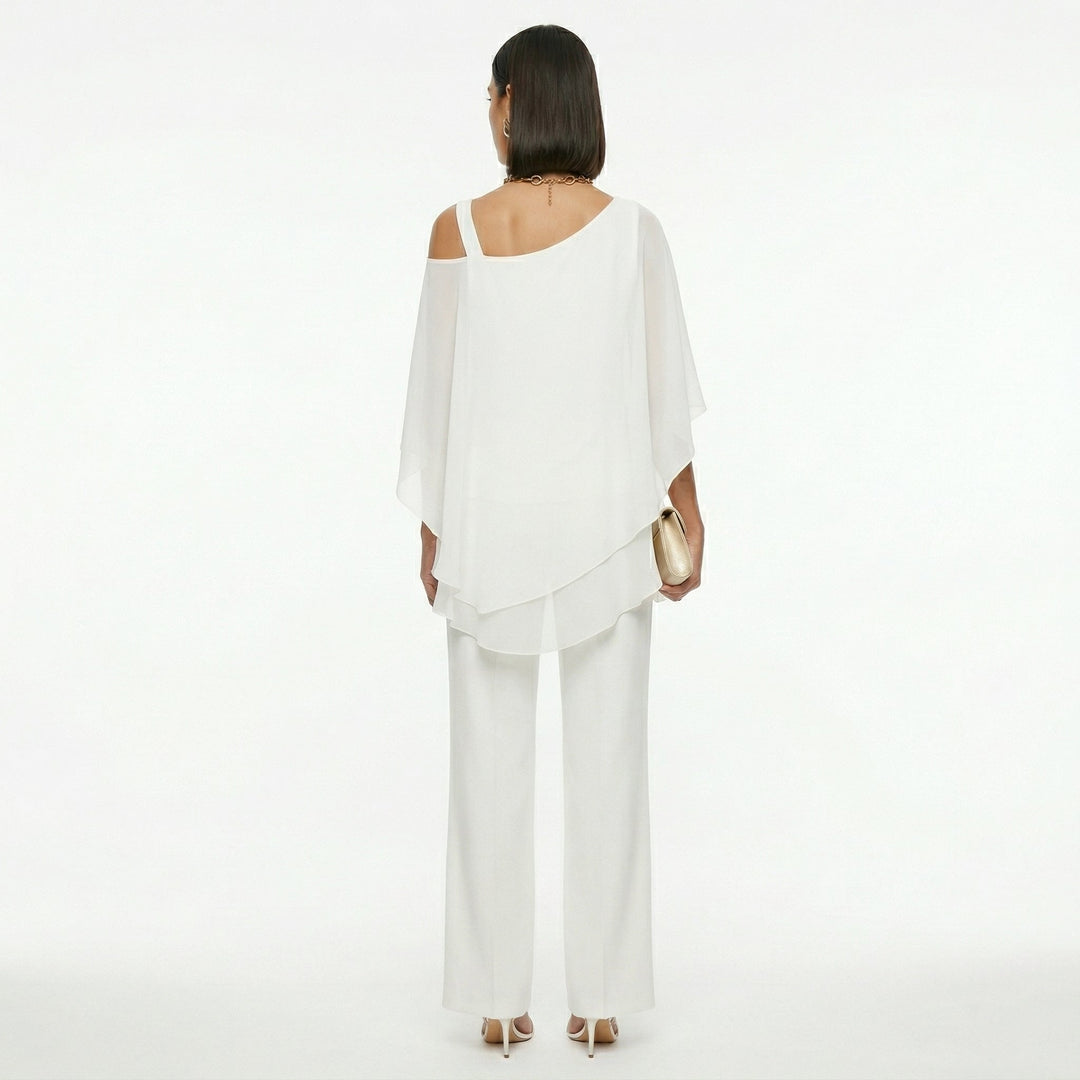 Elegant Women's Chiffon Set with Asymmetrical Neckline