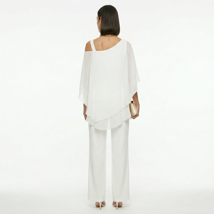 Elegant Women's Chiffon Set with Asymmetrical Neckline