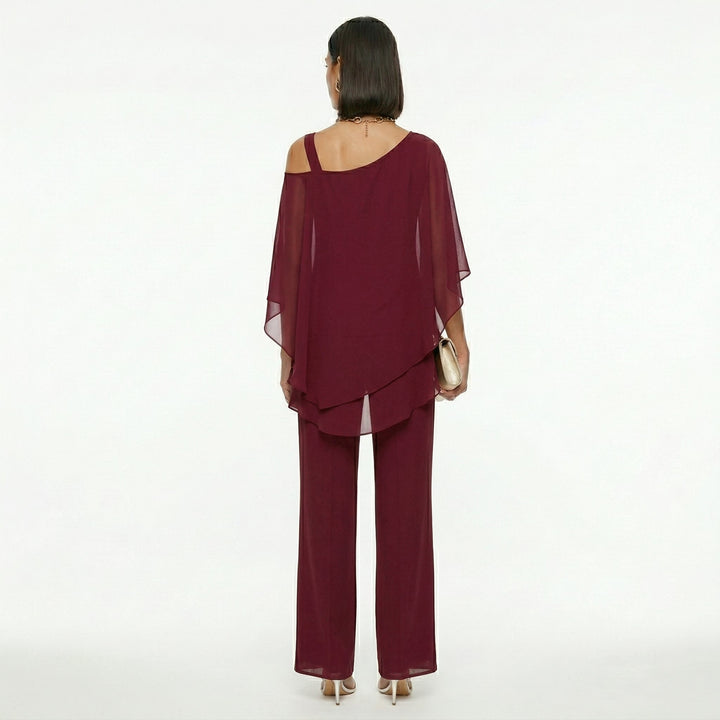 Elegant Women's Chiffon Set with Asymmetrical Neckline