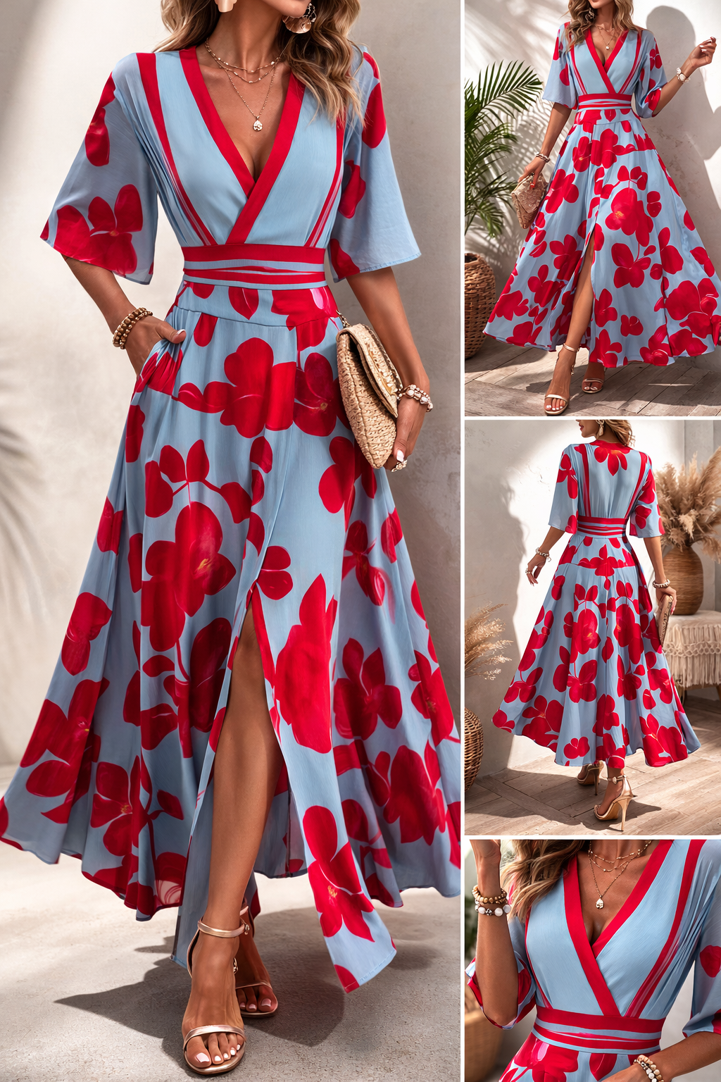 Women's Floral Long Maxi Dress V Neck Polyester Autumn Casual Outfit