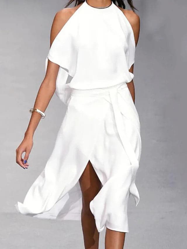 Elegant women's halter-neck midi dress with a slit