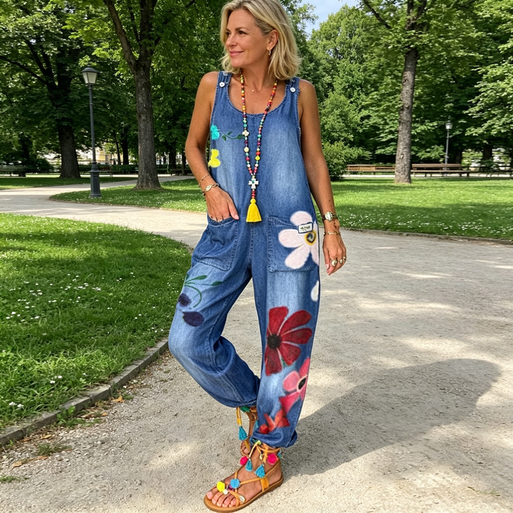 Women's Cotton Jumpsuit Autumn Printed Bohemian Romper Overalls