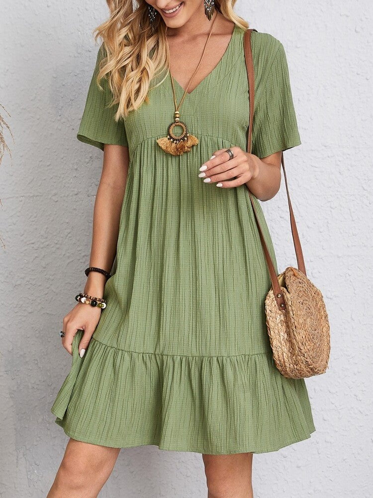 Women's Short Ruffle V-Neck Cotton Dress Autumn