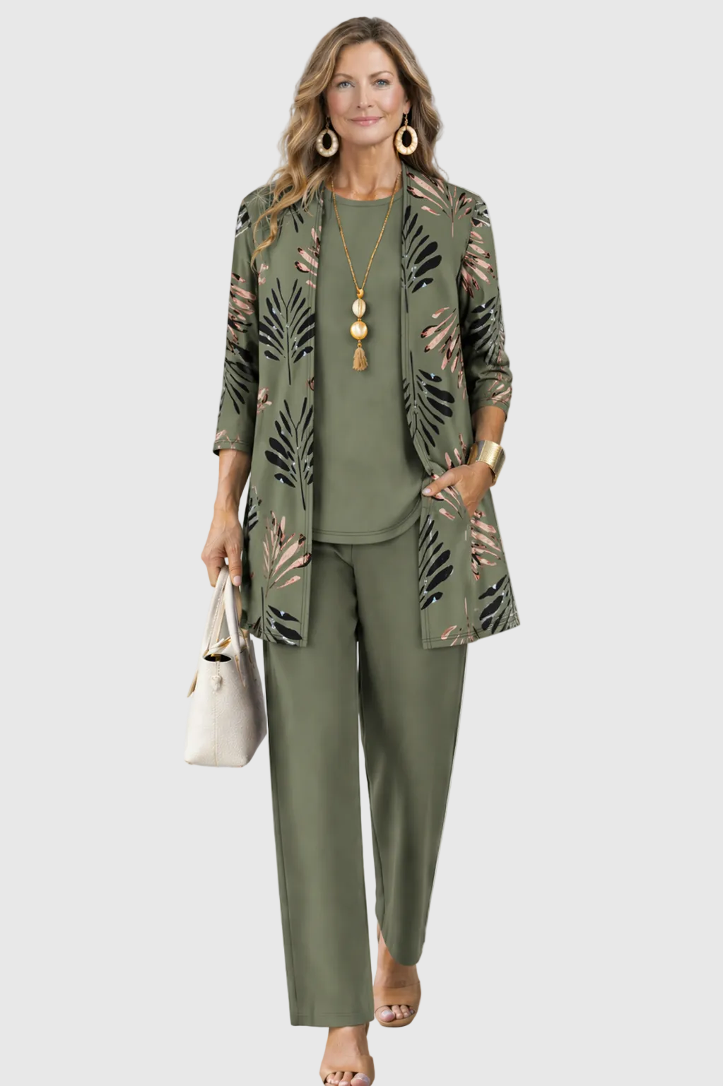 Women's 3-Piece Cotton Printed Duster Pants Set Autumn