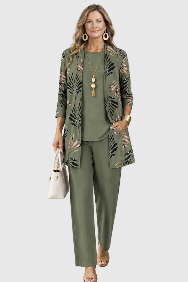 Women's 3-Piece Cotton Printed Duster Pants Set Autumn