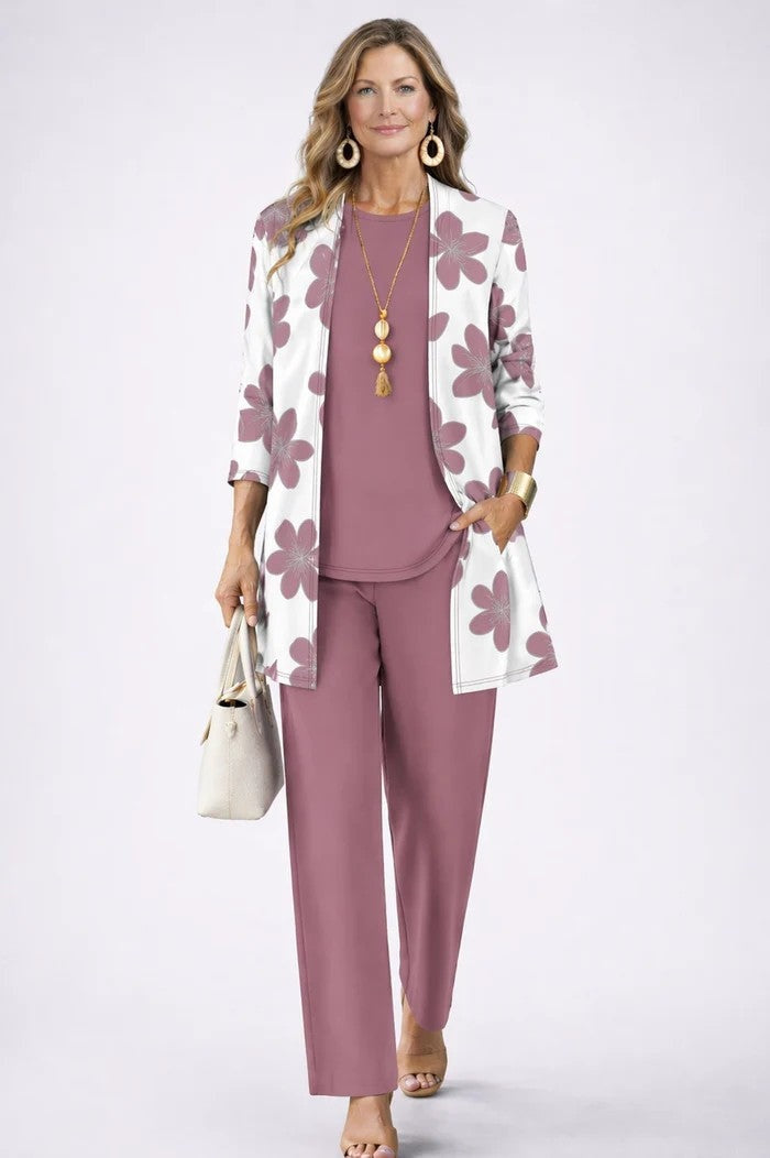 Women's 3-Piece Cotton Printed Duster Pants Set Autumn