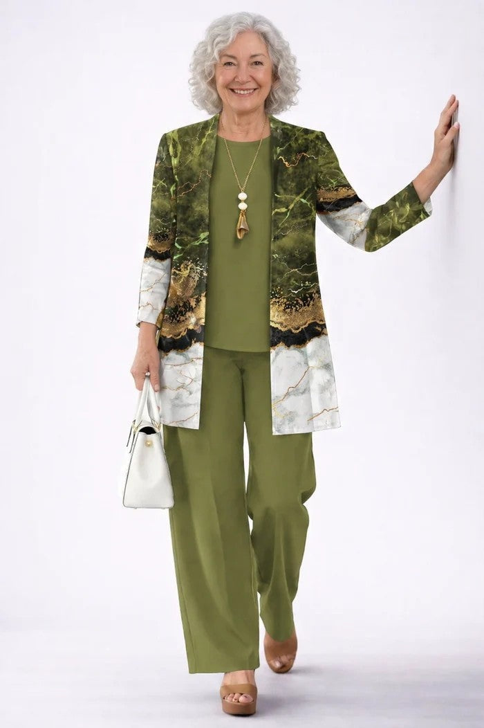 Women's 3-Piece Cotton Printed Duster Pants Set Autumn