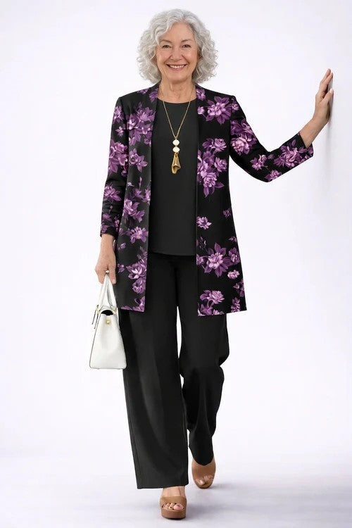 Women's 3-Piece Cotton Printed Duster Pants Set Autumn