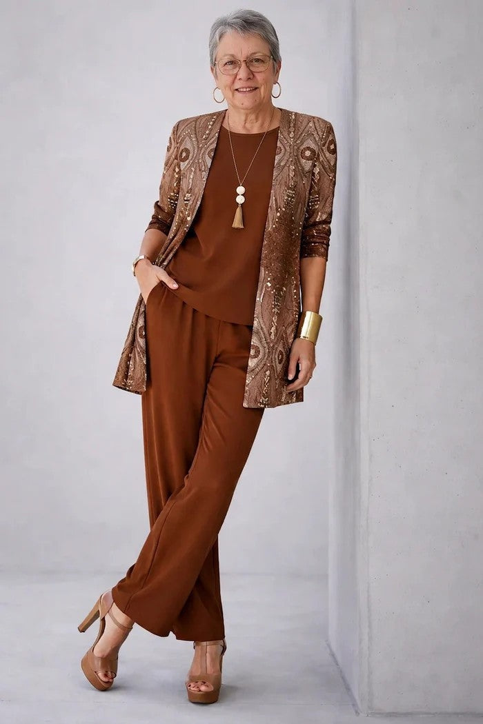 Women's 3-Piece Cotton Printed Duster Pants Set Autumn