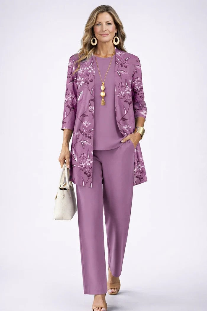 Women's 3-Piece Cotton Printed Duster Pants Set Autumn