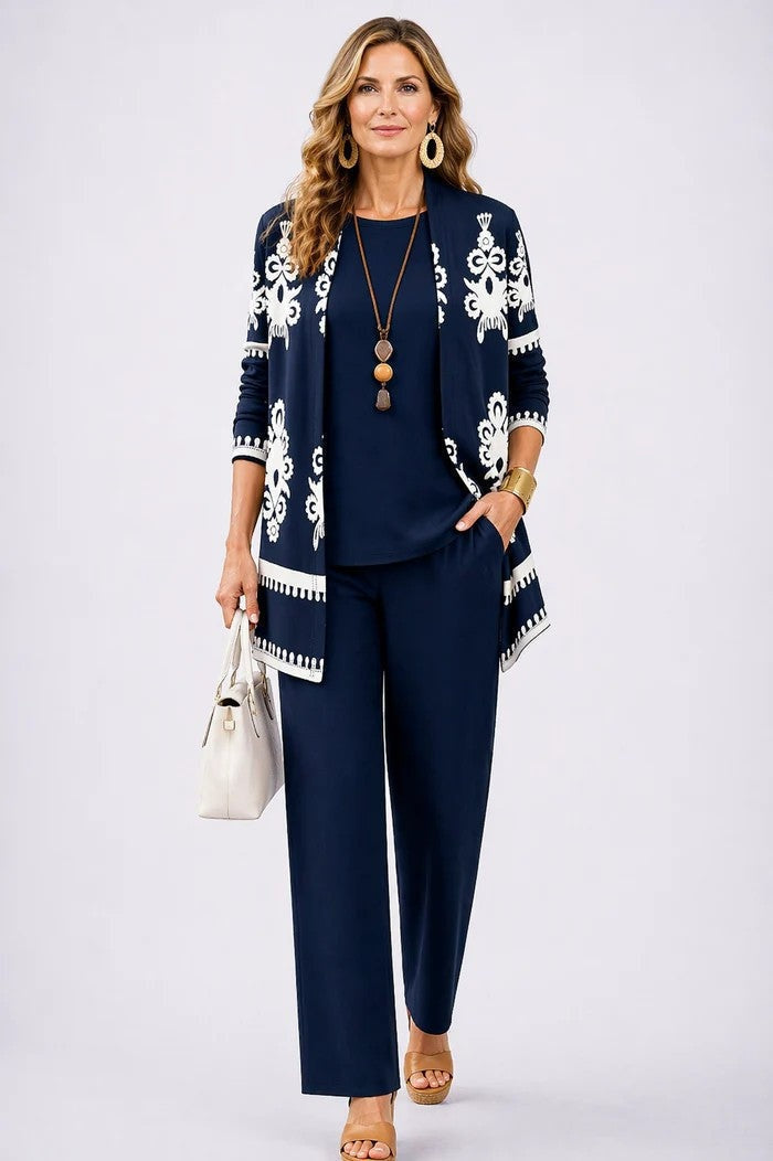 Women's 3-Piece Cotton Printed Duster Pants Set Autumn