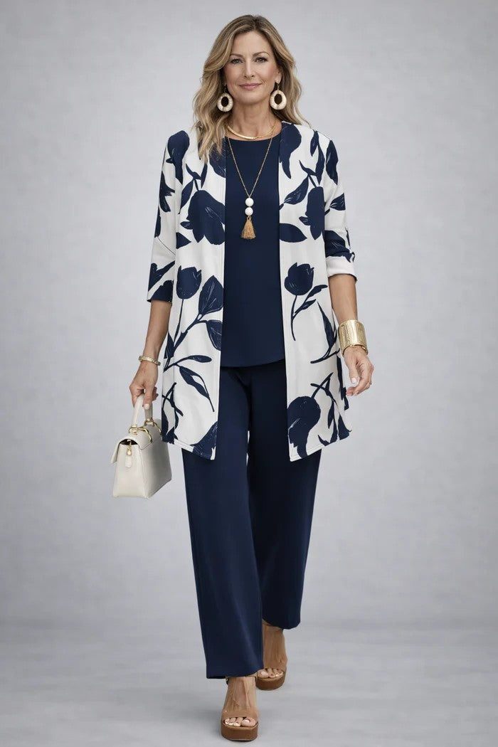 Women's 3-Piece Cotton Printed Duster Pants Set Autumn