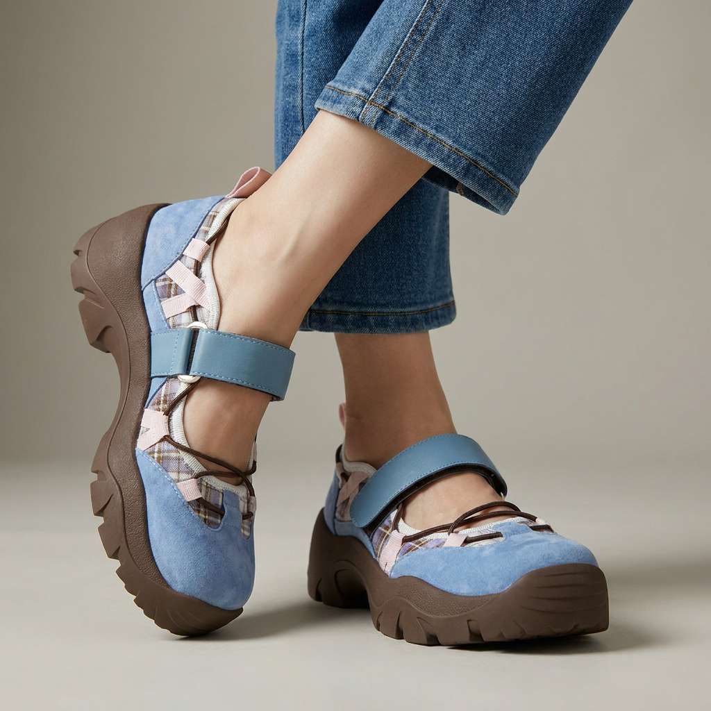 Women's Canvas Mary Jane Shoes Spring Chunky Sole Flats with Adjustable Strap Walking Shoes