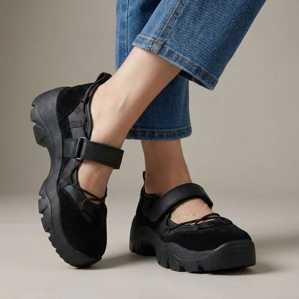 Women's Canvas Mary Jane Shoes Spring Chunky Sole Flats with Adjustable Strap Walking Shoes