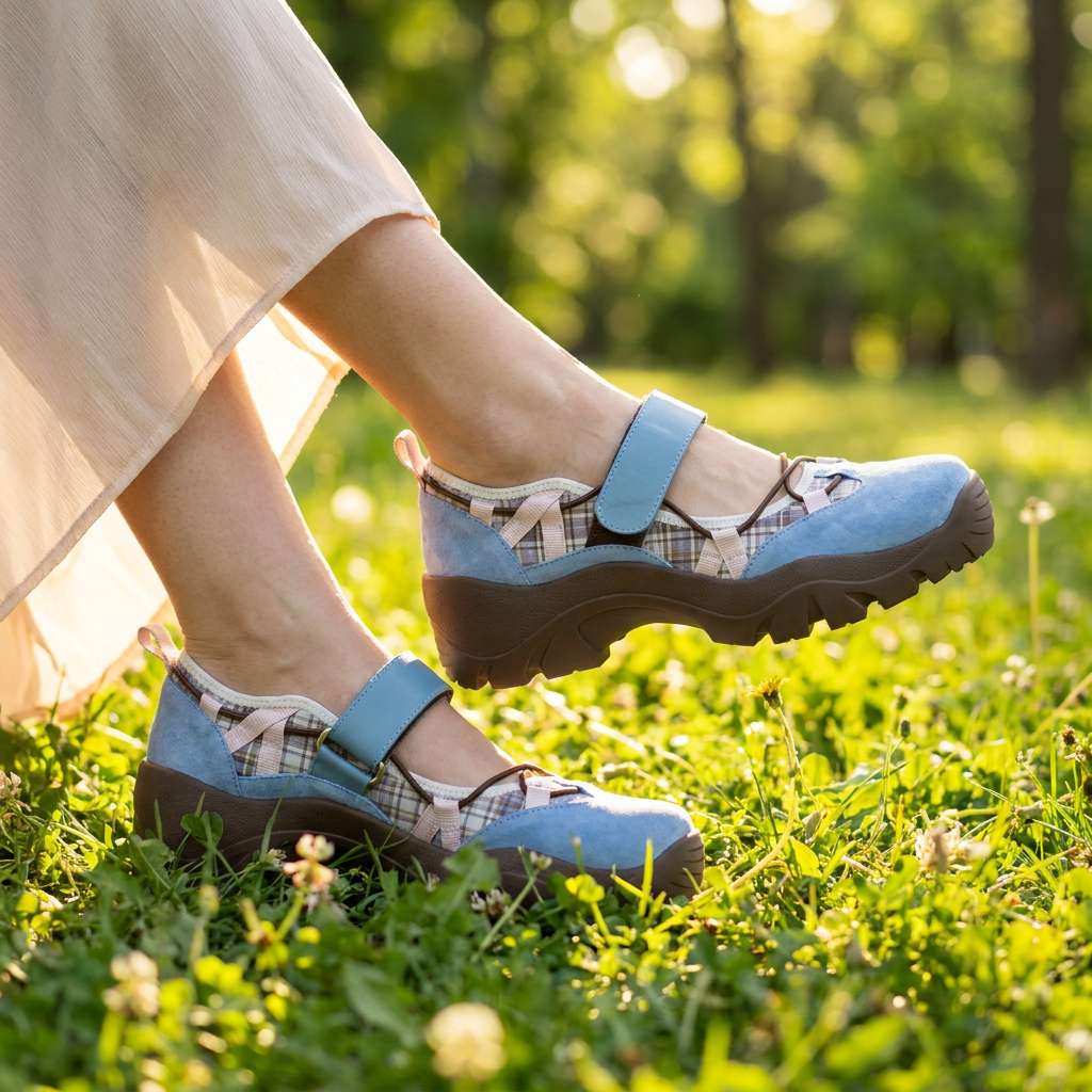 Women's Canvas Mary Jane Shoes Spring Chunky Sole Flats with Adjustable Strap Walking Shoes