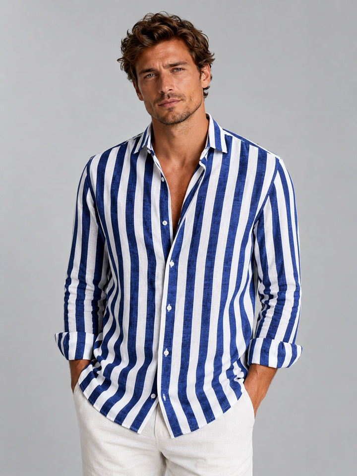 Men's Long-Sleeve Striped Linen Button-Down Shirt Autumn