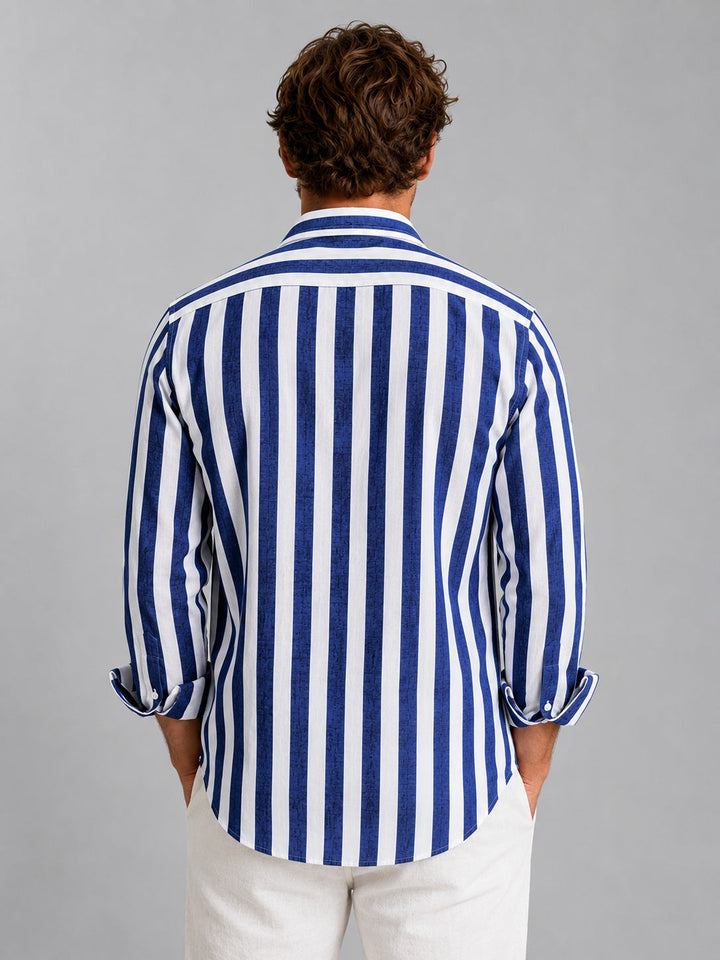 Men's Long-Sleeve Striped Linen Button-Down Shirt Autumn