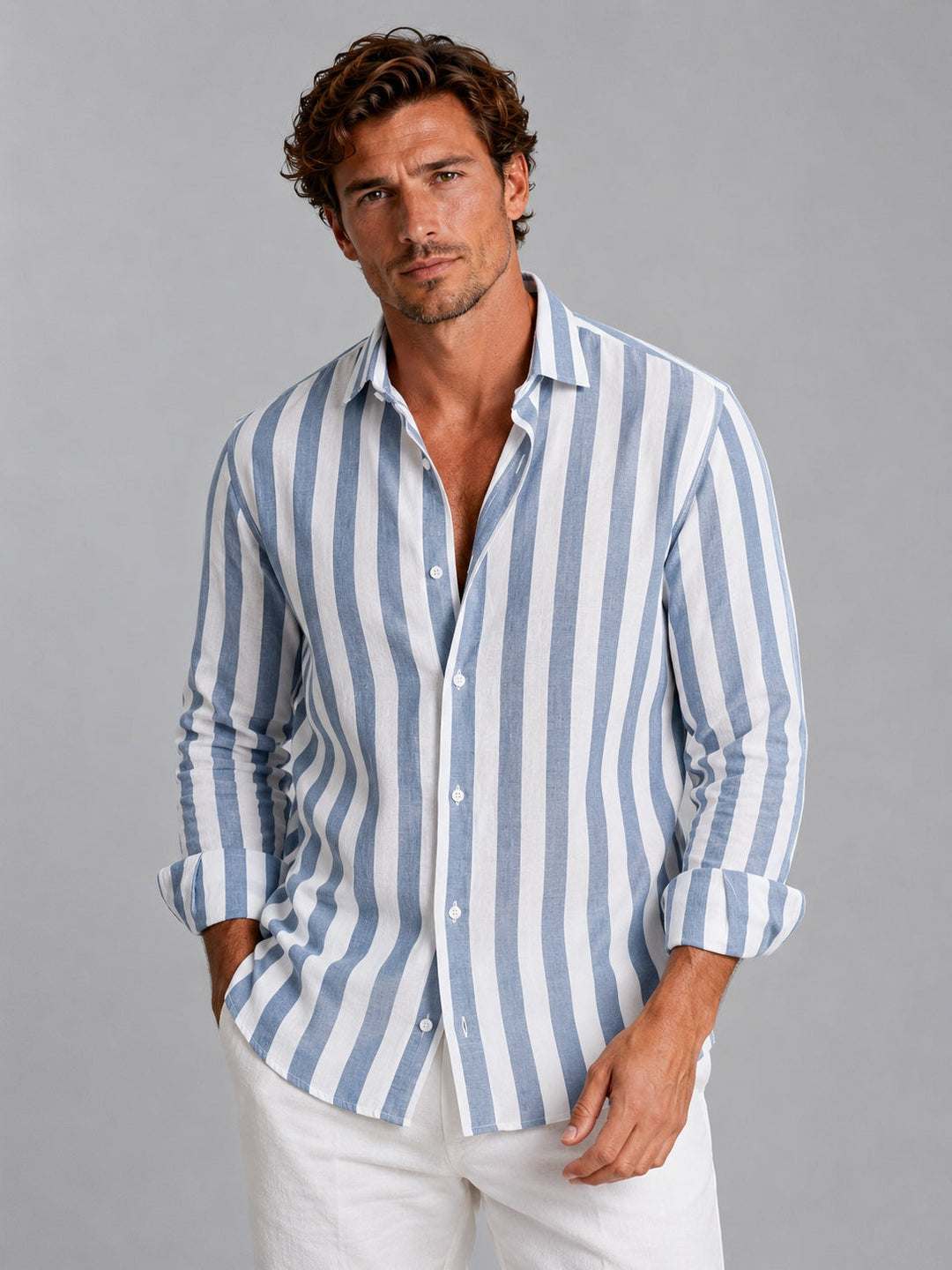 Men's Long-Sleeve Striped Linen Button-Down Shirt Autumn