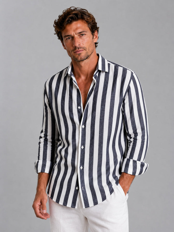 Men's Long-Sleeve Striped Linen Button-Down Shirt Autumn
