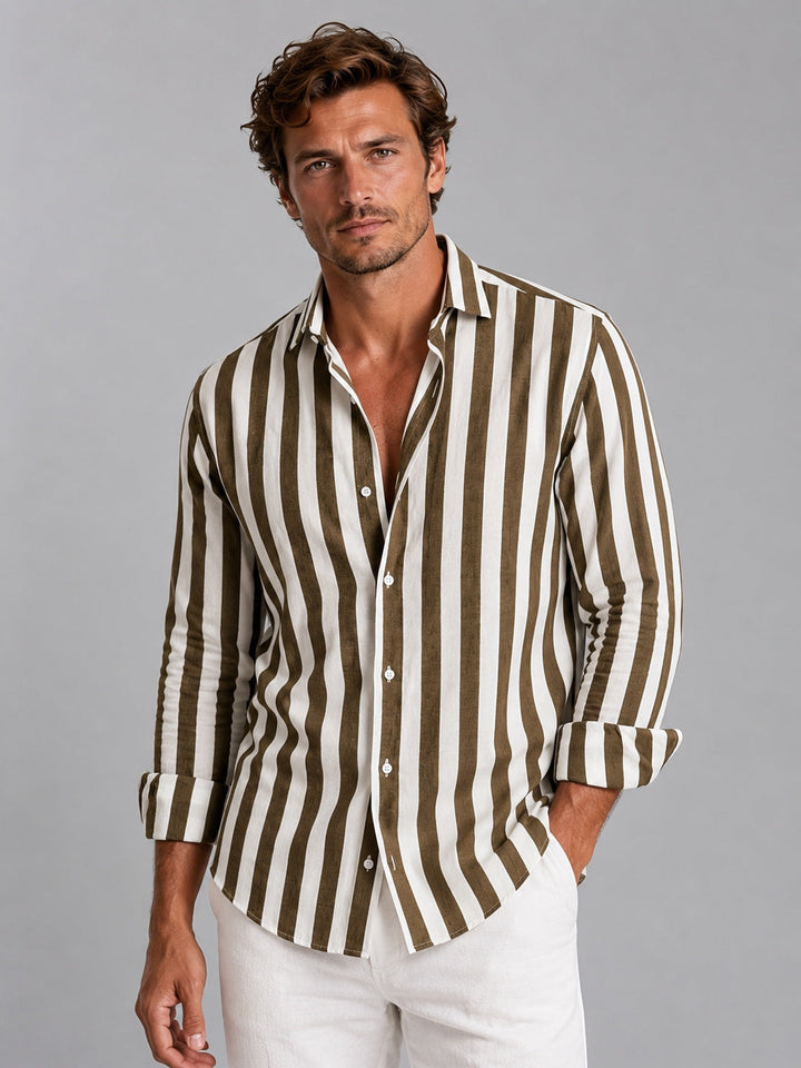 Men's Long-Sleeve Striped Linen Button-Down Shirt Autumn