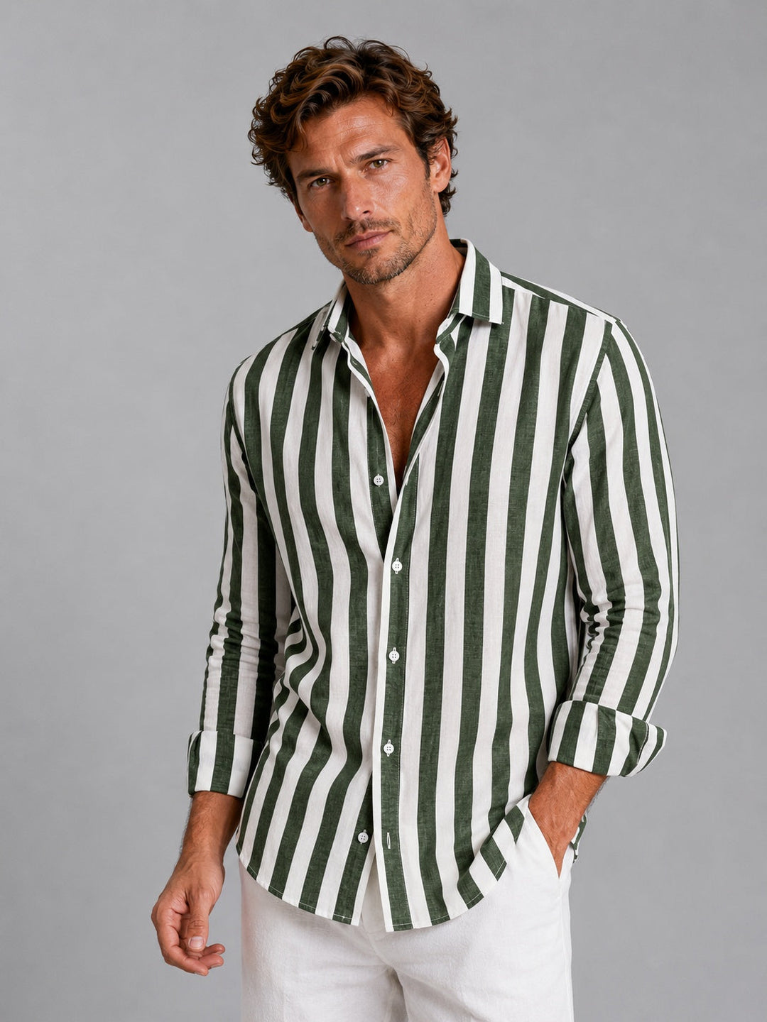 Men's Long-Sleeve Striped Linen Button-Down Shirt Autumn