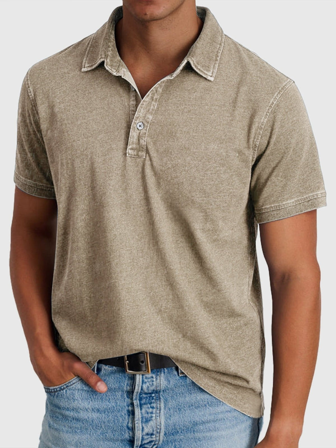 Men's Short-Sleeve Denim Cotton Polo Shirt Autumn