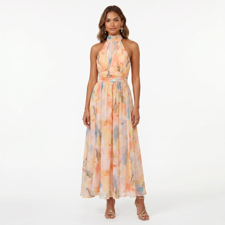 Women's Printed Halter Neck Dress Chiffon Autumn Wedding Guest Gown