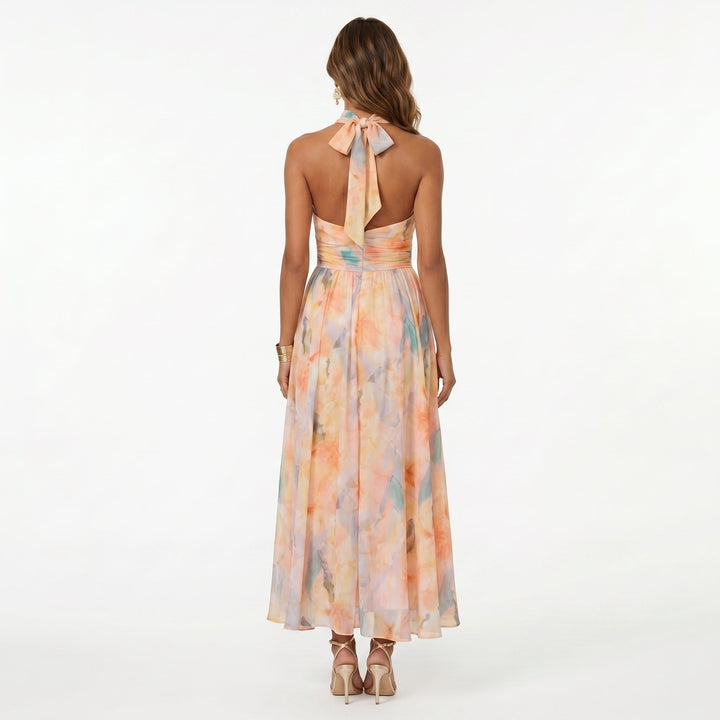 Women's Printed Halter Neck Dress Chiffon Autumn Wedding Guest Gown