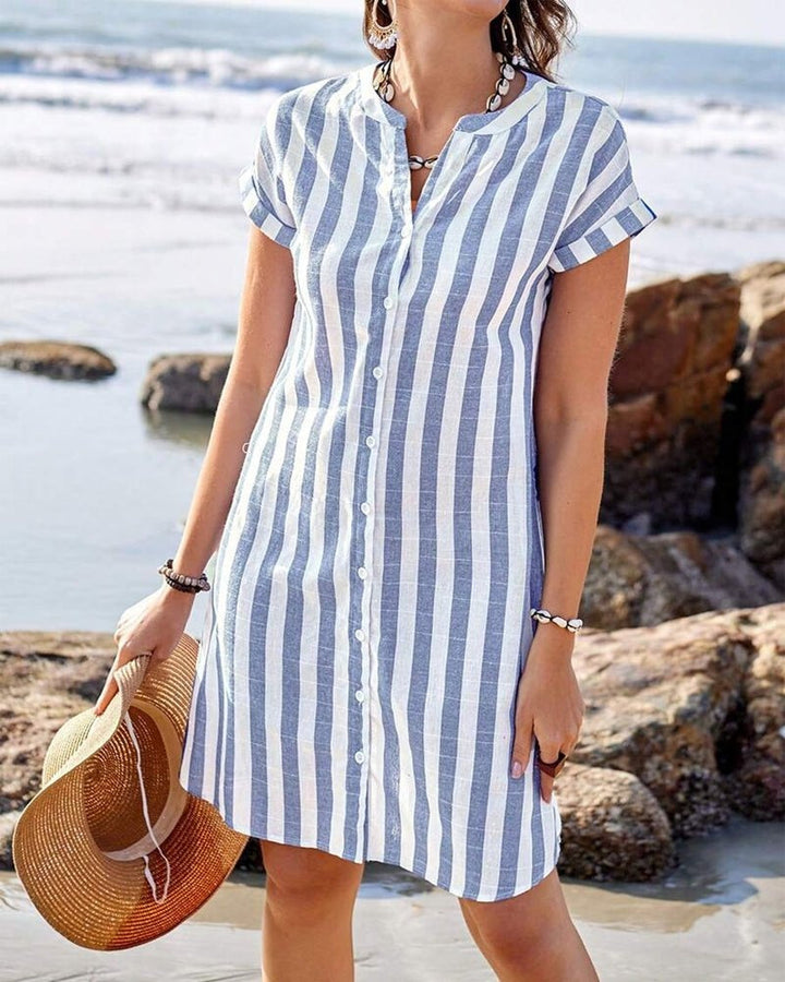 Women's Short Sleeve Striped Shirt Dress Cotton Autumn Wear