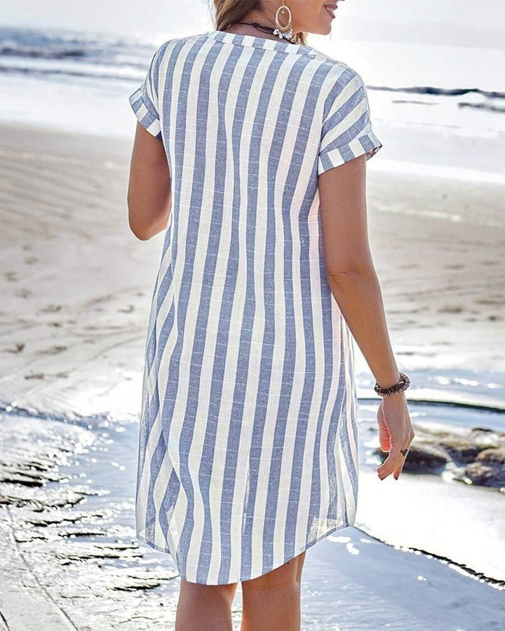 Women's Short Sleeve Striped Shirt Dress Cotton Autumn Wear