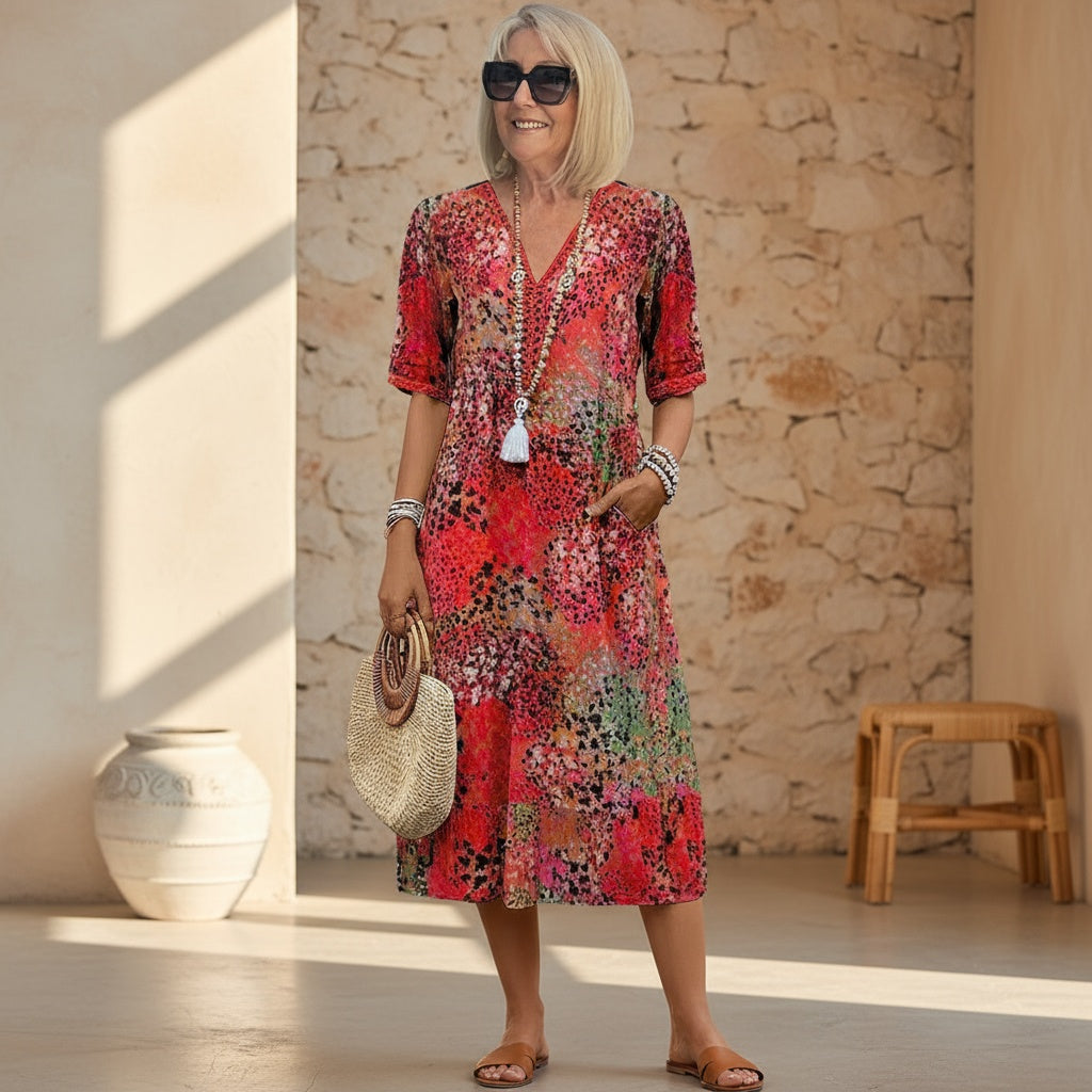 Women's Short-Sleeve Cotton Printed V-Neck Midi Dress Autumn