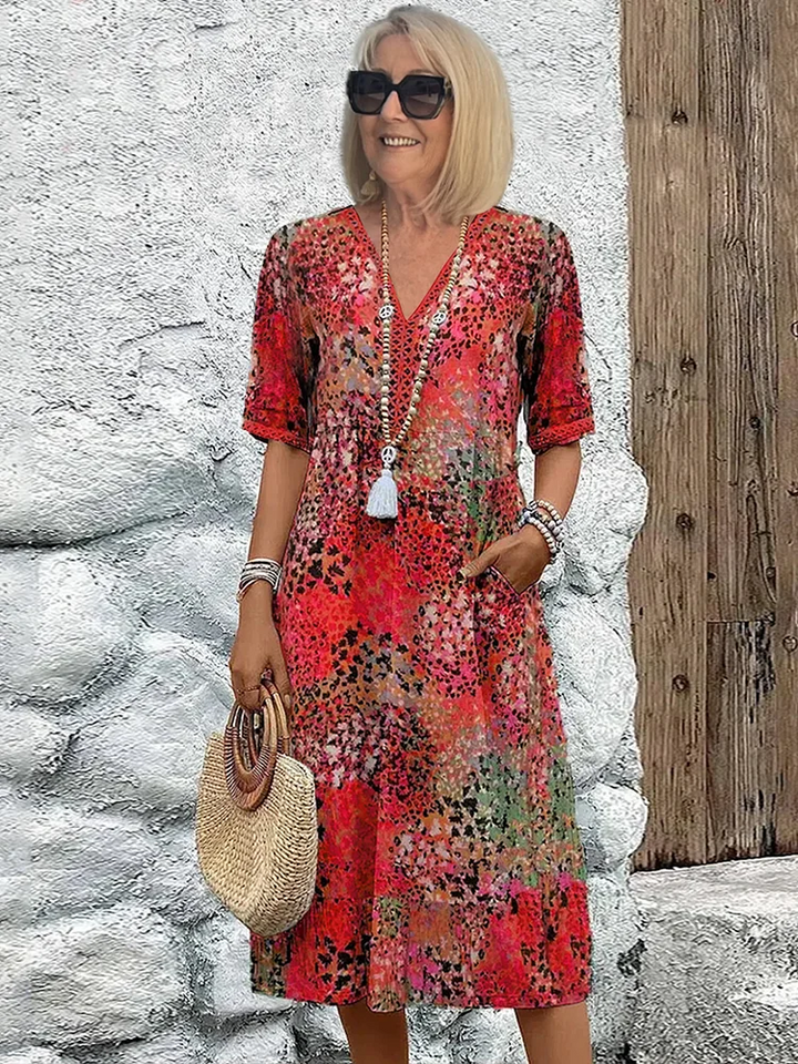Women's Short-Sleeve Cotton Printed V-Neck Midi Dress Autumn