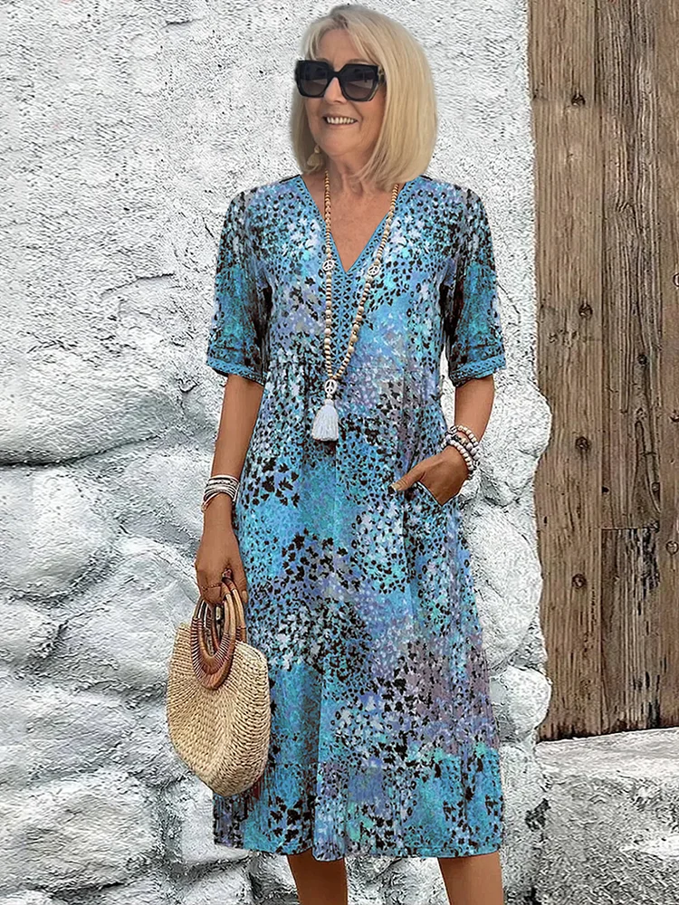 Women's Short-Sleeve Cotton Printed V-Neck Midi Dress Autumn