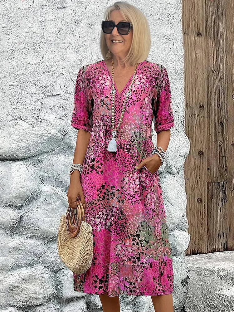 Women's Short-Sleeve Cotton Printed V-Neck Midi Dress Autumn