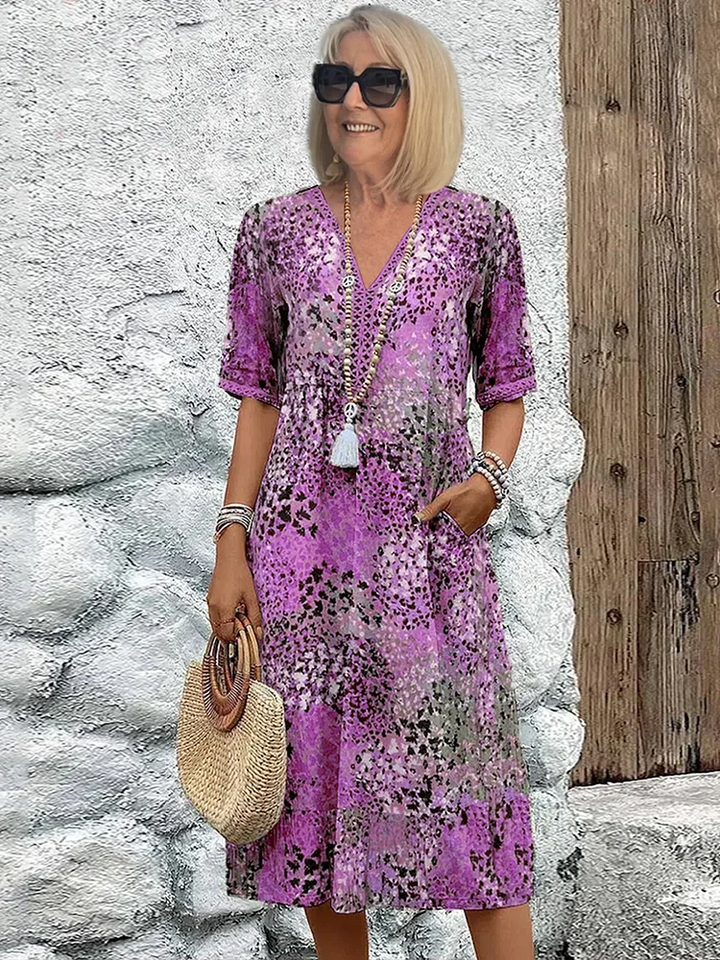 Women's Short-Sleeve Cotton Printed V-Neck Midi Dress Autumn