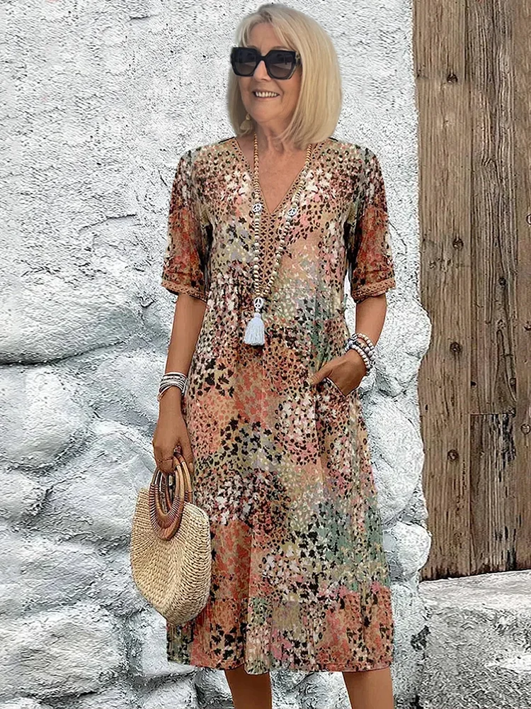 Women's Short-Sleeve Cotton Printed V-Neck Midi Dress Autumn