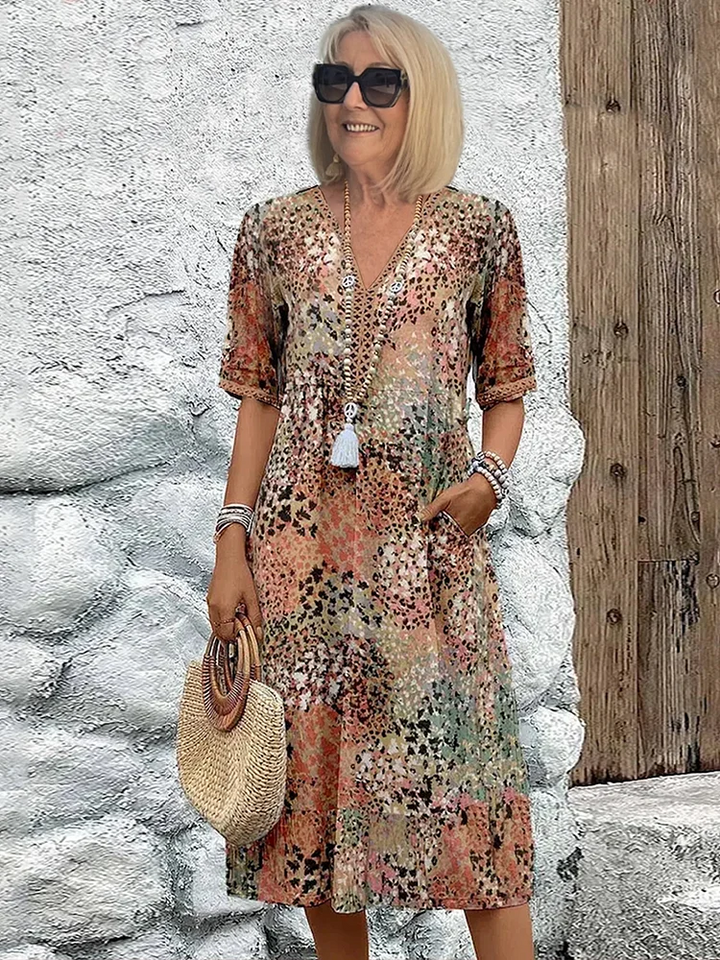 Women's Short-Sleeve Cotton Printed V-Neck Midi Dress Autumn