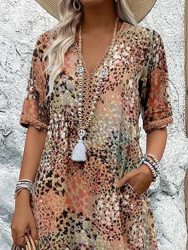 Women's Short-Sleeve Cotton Printed V-Neck Midi Dress Autumn