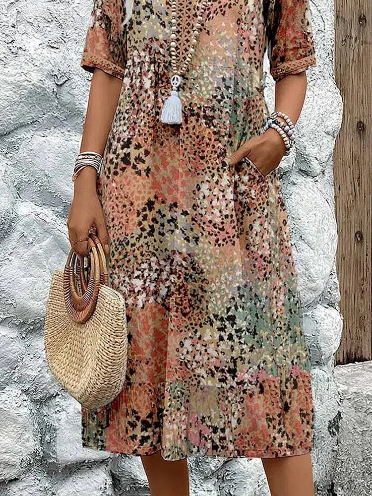 Women's Short-Sleeve Cotton Printed V-Neck Midi Dress Autumn