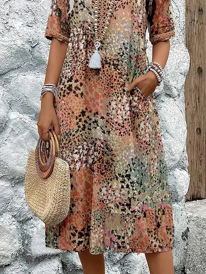 Women's Short-Sleeve Cotton Printed V-Neck Midi Dress Autumn