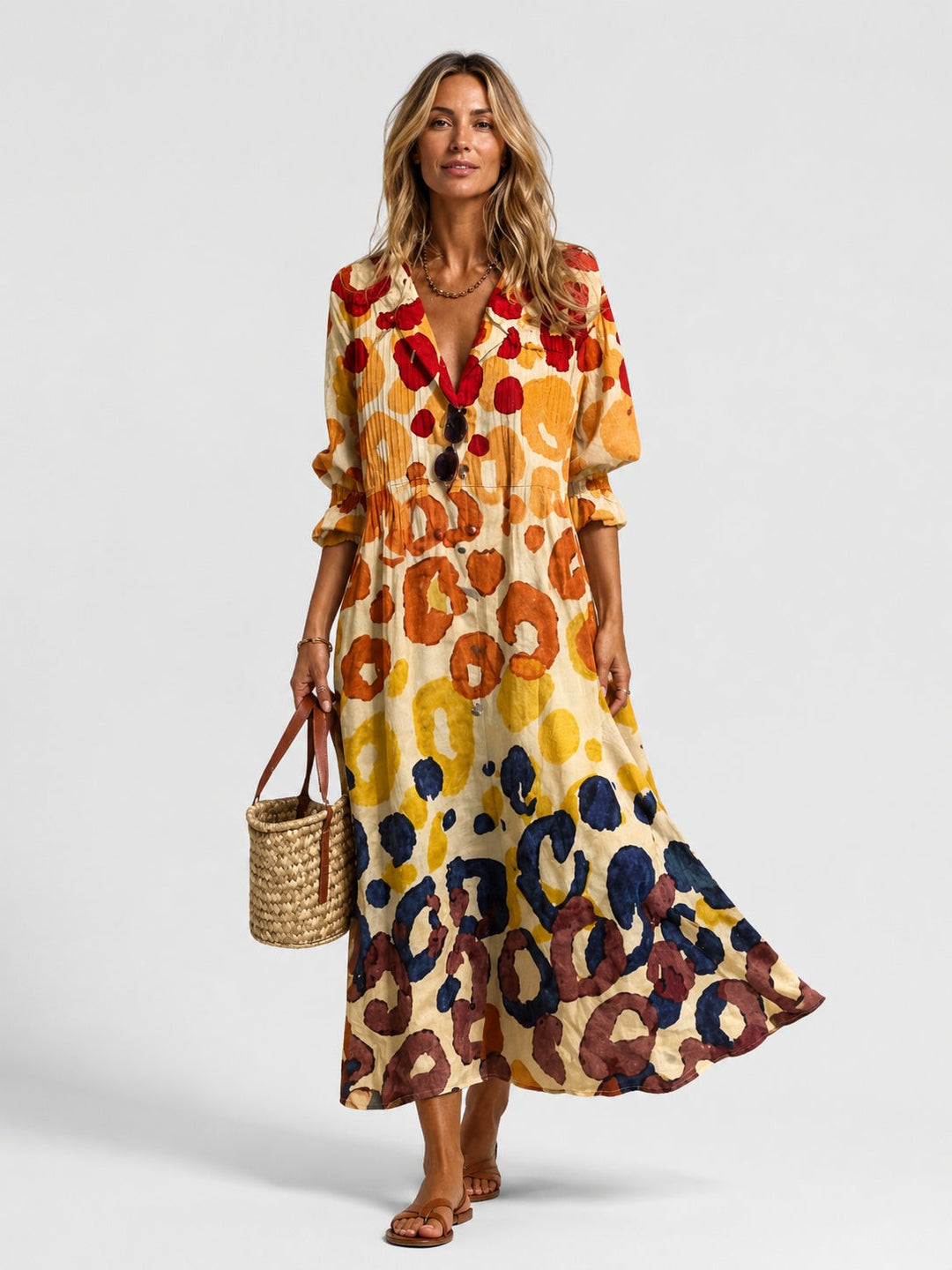 Women's Long-Sleeve Cotton Printed Shirt Midi Dress Autumn